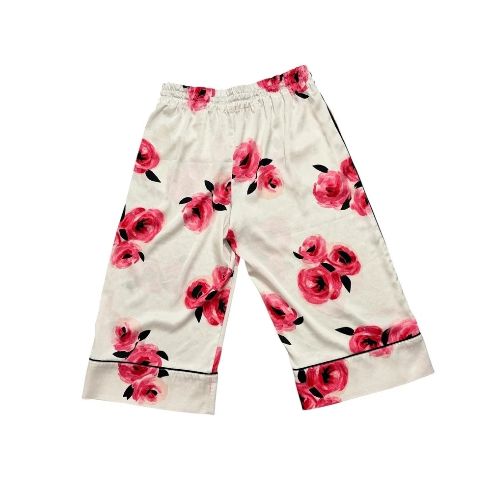 Kate Spade New York Pink Rose Floral Satin Pajama Pants White Wide Leg SZ Small